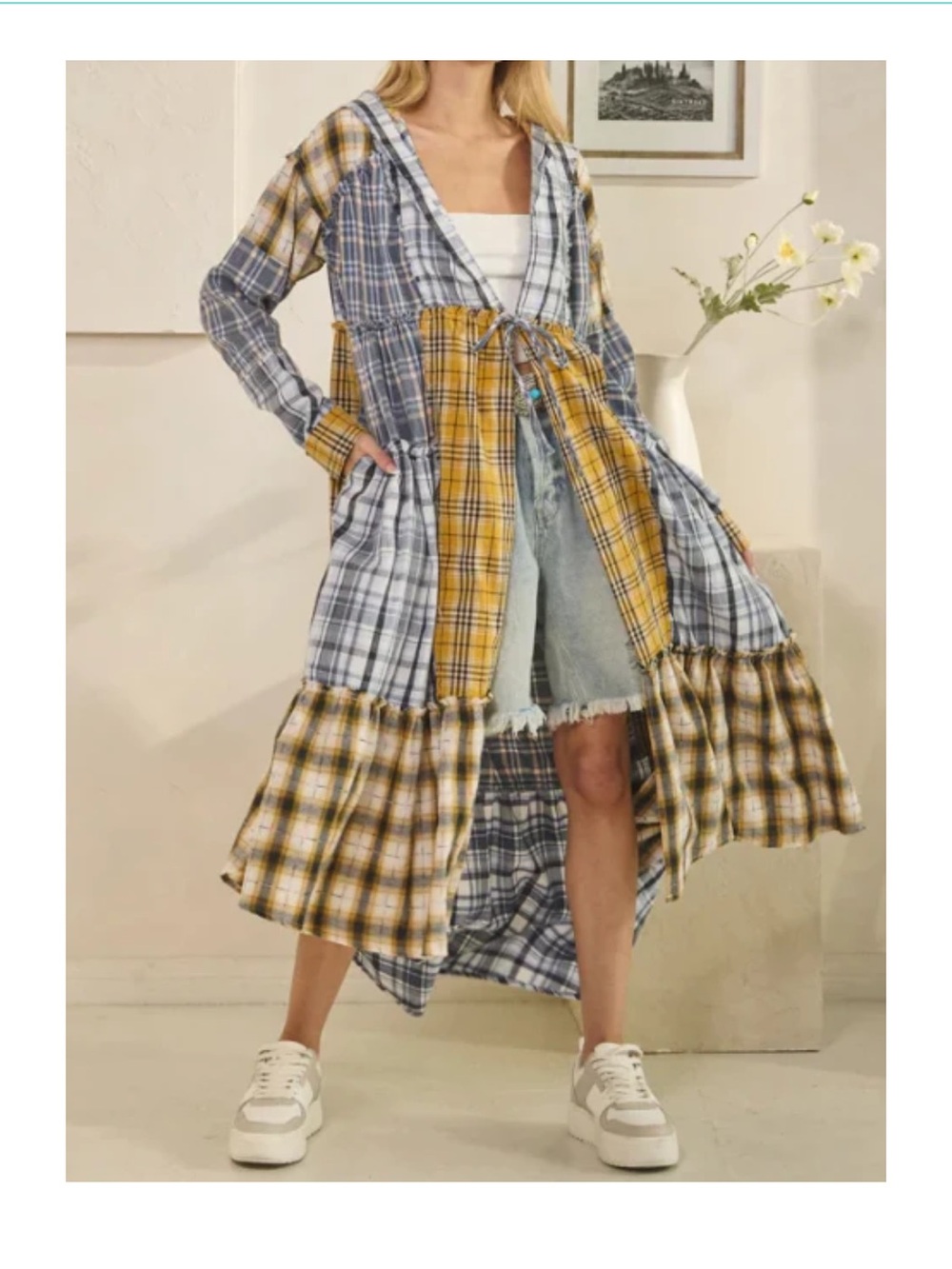 New Oli & Hali Yellow & Blue Plaid Patchwork duster with Hood XS - Picture 2 of 7